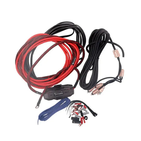 The Diamond Audio 2-Channel 8 Gauge Amplifier Installation Kit (HX82), perfect for your amplifier wiring needs, features red and black cables, copper connectors, a fuse holder, blue wire, RCA interconnects, a 20 ft speaker cable, and various connectors—all neatly arranged on a white background.