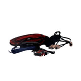 A Diamond Audio 2-Channel 8 Gauge Amplifier Installation Kit (HX82), featuring red, black, and blue wires with assorted connectors—including an RCA interconnect and a 20-foot speaker cable—coiled neatly on a white surface; ideal for professional amp wiring installations.