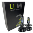 A black box labeled Lumi stands next to two LUMI Stage 2 880 LED headlight bulbs featuring metallic bases and yellow accents, all displayed against a white background.