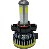 A close-up of a Lumi LUMI Stage 1 5202 LED Headlight Bulb featuring a metal heatsink, yellow accents, and a black plastic connector on a plain white background. This 40 Watt, 6000K LED CANBUS bulb ensures optimal brightness and compatibility with modern vehicles.