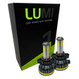 Two LUMI Stage 1 5202 LED headlight bulbs from Lumi are displayed in front of a black and green box labeled “LUMI LED Headlight Systems” on a white background, emphasizing their bright 6000K output and advanced 40-watt performance.