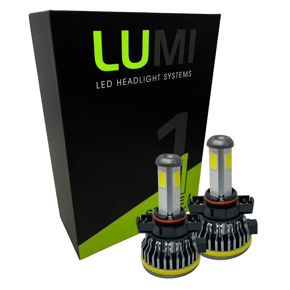 Two LUMI Stage 1 5202 LED headlight bulbs from Lumi are displayed in front of a black and green box labeled “LUMI LED Headlight Systems” on a white background, emphasizing their bright 6000K output and advanced 40-watt performance.