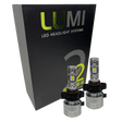 Two LUMI Stage 2 5202 LED Headlight Bulbs from Lumi are shown in front of a black box labeled “LUMI LED Headlight Systems Stage II Smart Kit” on a plain background, delivering powerful 6000K illumination.