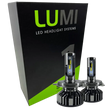 Two LUMI Stage 1 880 LED headlight bulbs from Lumi are displayed in front of a black and green box labeled “LUMI LED Headlight Systems.” With metallic bases and visible yellow LED strips, these 40 Watt, 6000K bulbs deliver brilliant illumination and are compatible with most vehicles due to their integrated LED CANBUS technology.