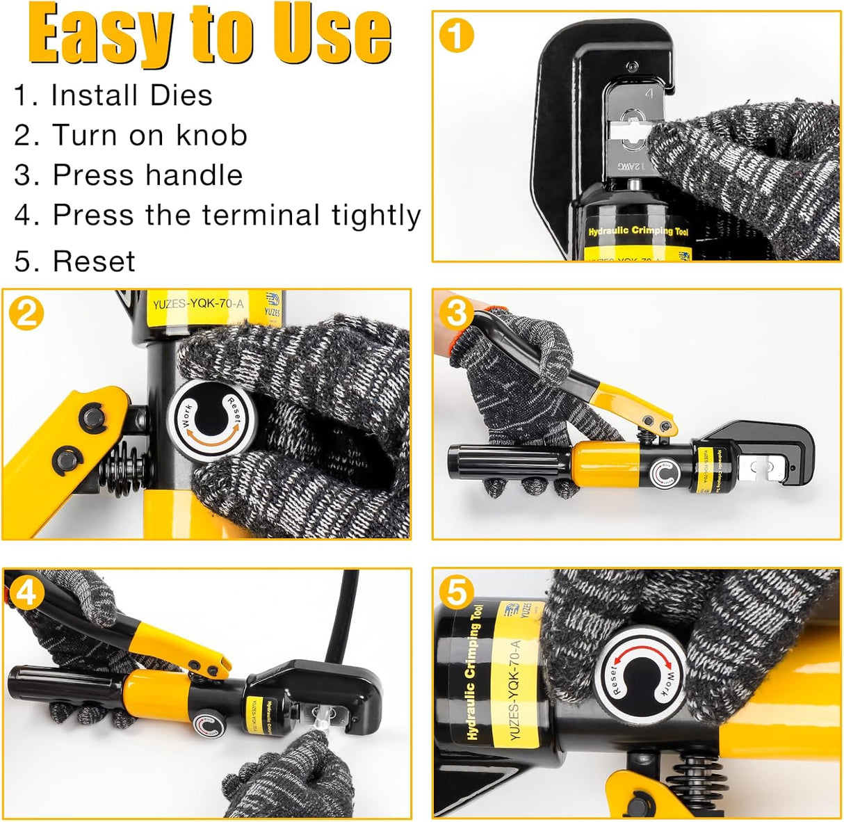 10-Ton Hydraulic Crimping Tool 12 AWG to 2/0 Battery Cable Crimper Tool with 9 Dies