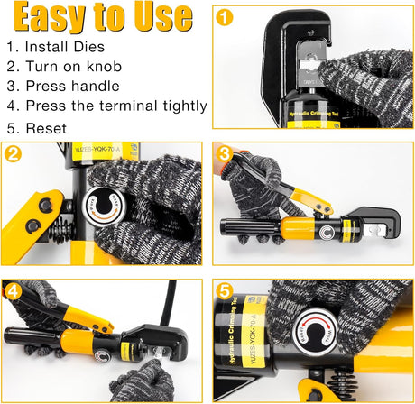 10-Ton Hydraulic Crimping Tool 12 AWG to 2/0 Battery Cable Crimper Tool with 9 Dies