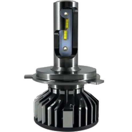 Close-up of a single LUMI Stage 1 9007 LED Headlight Bulb by Lumi, featuring a 40 Watt power rating, metal heatsink base, vertical light-emitting diodes, and a cylindrical design against a plain white background. This CANBUS-compatible bulb emits a crisp 6000K white light for optimal visibility.