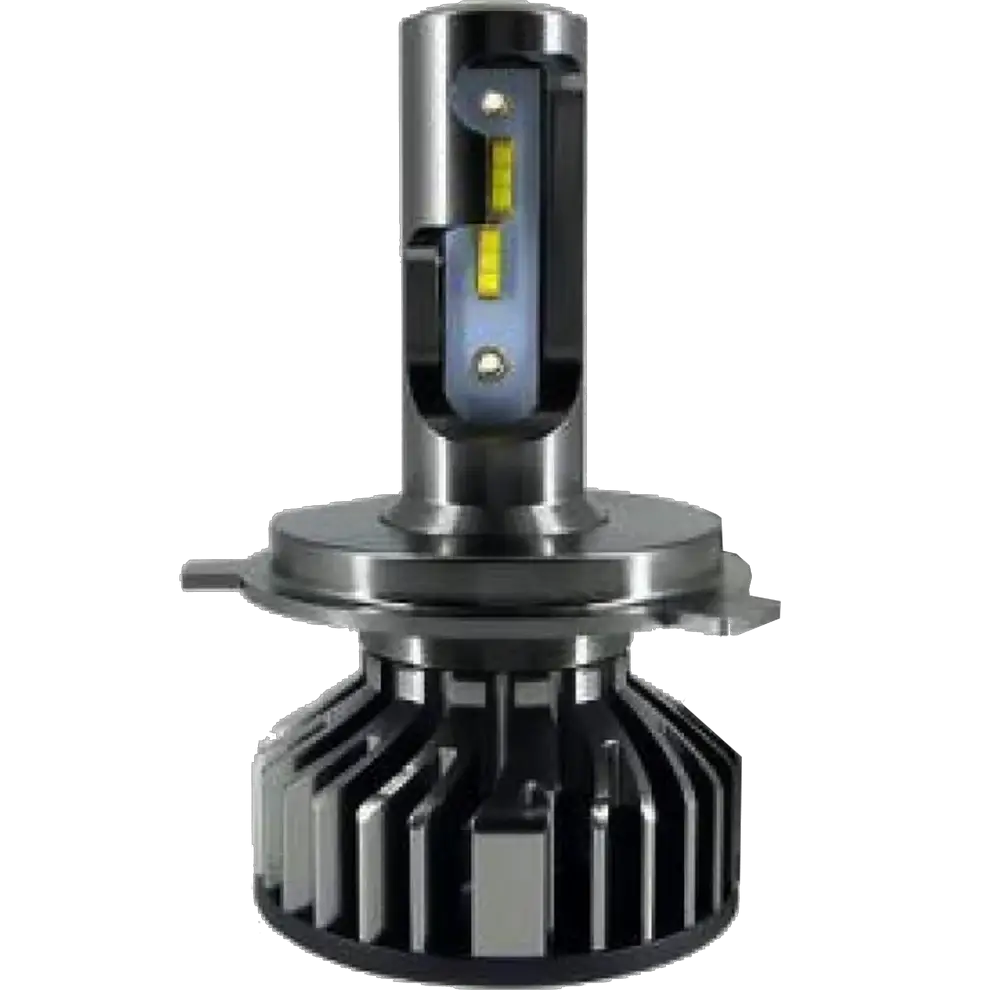 A close-up of a LUMI Stage 2 880 LED Headlight Bulb by Lumi shows its metallic base, cooling fins at the bottom, and two yellow CSP chips on the vertical shaft. This 6000K LED headlight provides bright illumination and advanced efficiency for modern vehicles.