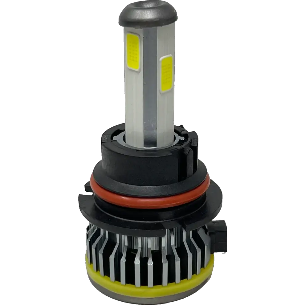 A close-up of a LUMI Stage 1 9004 LED Headlight Bulb by Lumi, featuring a 40 Watt output, metallic base, yellow LED panels, black and silver heat sink, and an orange rubber sealing ring, set against a plain white background. This 6000K CANBUS bulb delivers both style and optimal performance.