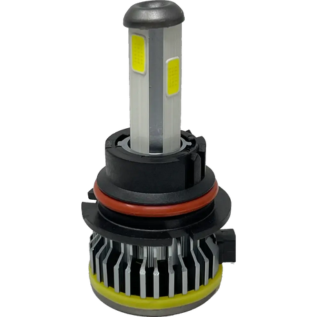 A close-up of a LUMI Stage 1 9004 LED Headlight Bulb by Lumi, featuring a 40 Watt output, metallic base, yellow LED panels, black and silver heat sink, and an orange rubber sealing ring, set against a plain white background. This 6000K CANBUS bulb delivers both style and optimal performance.