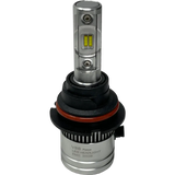 The Lumi LUMI Stage 2 9004 LED headlight bulb features a silver body and a black and red plastic base, labeled “V8S Focus LED HEADLIGHT EMC 2022B,” and is equipped with advanced CSP chips for superior brightness, displayed against a plain white background.