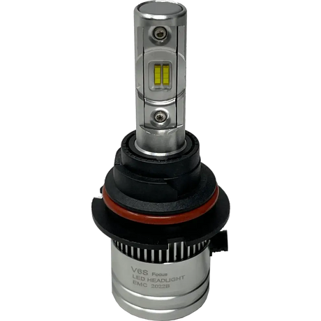 The Lumi LUMI Stage 2 9004 LED headlight bulb features a silver body and a black and red plastic base, labeled “V8S Focus LED HEADLIGHT EMC 2022B,” and is equipped with advanced CSP chips for superior brightness, displayed against a plain white background.