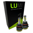 Two LUMI Stage 1 9004 LED Headlight Bulbs from Lumi are displayed in front of a black and green Lumi LED Headlight Systems box on a white background, showcasing their 40 Watt performance and seamless compatibility with LED CANBUS systems.
