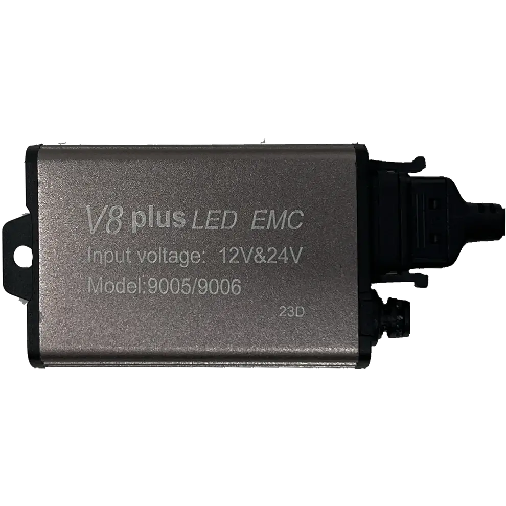 A rectangular silver device labeled “LUMI Stage 3 9006 LED Headlight Bulbs” from Lumi, featuring input voltage support for both 12V and 24V and equipped with a black plastic connector on one end. Designed for use in LED headlights, it utilizes advanced CSP chips to provide a crisp, bright white 6000K light.