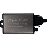 A rectangular silver device labeled “LUMI Stage 3 9006 LED Headlight Bulbs” from Lumi, featuring input voltage support for both 12V and 24V and equipped with a black plastic connector on one end. Designed for use in LED headlights, it utilizes advanced CSP chips to provide a crisp, bright white 6000K light.