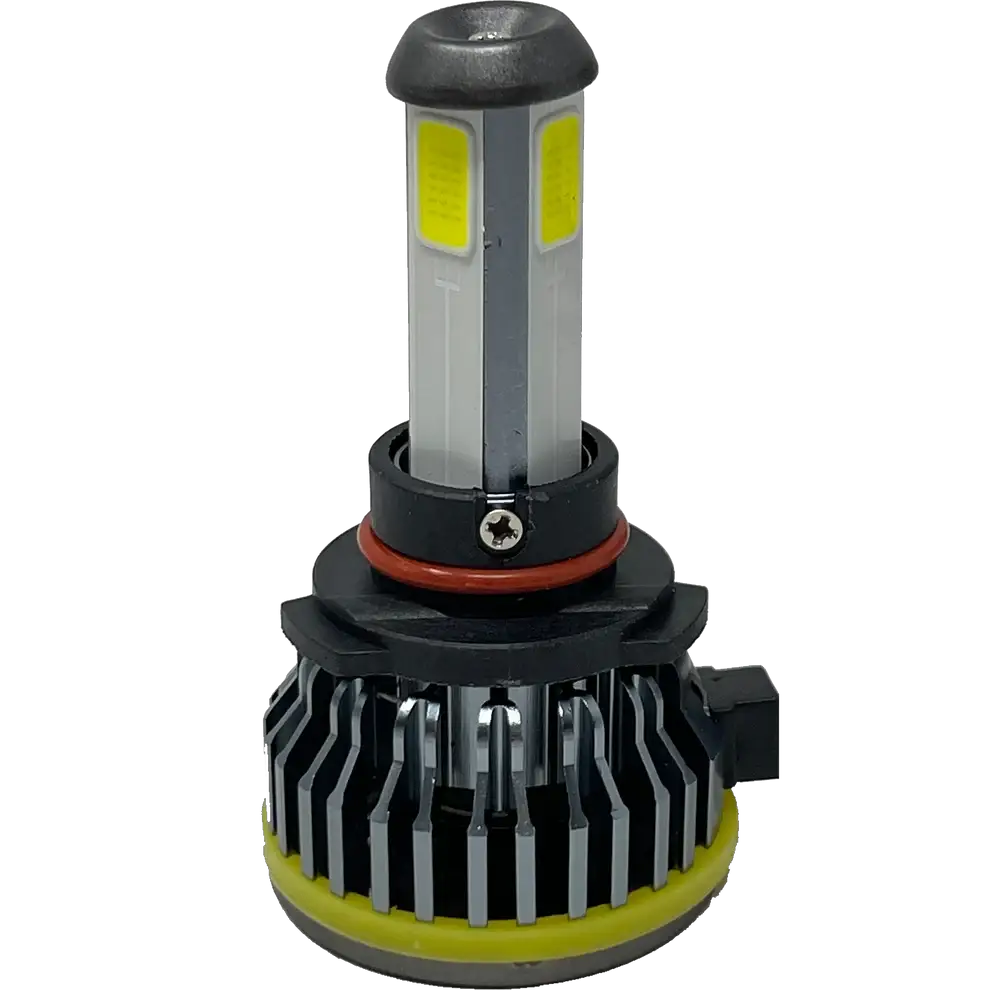 A close-up of a Lumi LUMI Stage 1 9005 LED Headlight Bulb, featuring yellow panels, black heatsink fins at the base, and a small connector on the side, isolated on a white background.