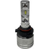 A silver LUMI Stage 2 9005 LED headlight bulb from Lumi, featuring a black and red base, finned heat sink, and a visible diode in the center marked ‘V6S Focus LED Headlight EMC 23D.’ This model utilizes high-performance CSP chips to provide a crisp 6000K color temperature for enhanced visibility.