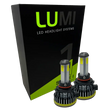 Two LUMI Stage 1 9005 LED Headlight Bulbs are displayed in front of a black and green Lumi LED Headlight Systems box. Featuring silver tops, black bases, and yellow accents, these bulbs are engineered with integrated LED CANBUS technology to deliver a bright 6000K white light for superior visibility.