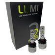 Two Lumi Stage 2 9005 LED Headlight Bulbs with advanced CSP chips are displayed in front of a black box labeled “LUMI LED Headlight Systems 2 Stage II Headlight Kit” on a plain background. Each bulb delivers an impressive 6000 lumens, ensuring bright and efficient illumination.