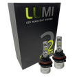 Two LUMI Stage 2 9006 LED Headlight Bulbs by Lumi, featuring advanced CSP chips and metallic bases with visible LED elements, are displayed in front of a black box labeled “LUMI LED Headlight Systems 2 Series II.” These bulbs deliver a crisp 6000K white light.