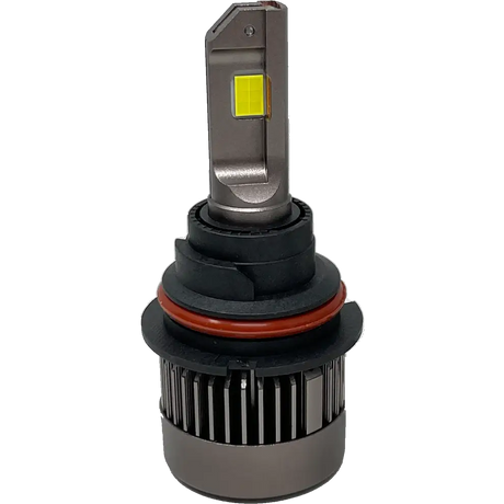 LUMI Stage 3 9007 LED Headlight Bulb by Lumi, shown upright against a plain white background. This bulb features a metallic base with cooling fins and a yellow light-emitting area at the top. Equipped with advanced CSP chips, it delivers enhanced performance.