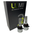 Two LUMI Stage 2 9007 LED Headlight Bulbs from Lumi, featuring advanced CSP chips and a crisp 6000K color temperature, are displayed in front of a black box labeled LUMI LED Headlight Systems 2 Series II Headlight Kit.
