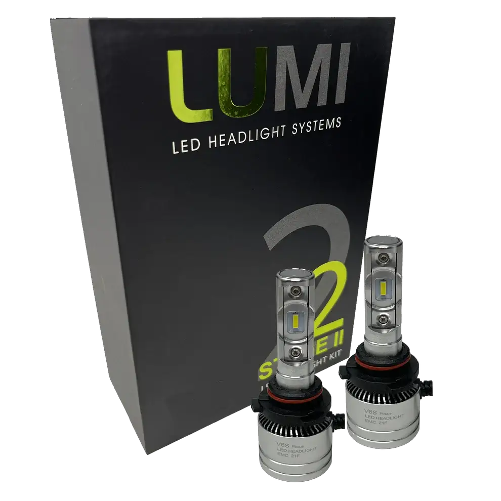 Two LUMI Stage 2 9007 LED Headlight Bulbs from Lumi, featuring advanced CSP chips and a crisp 6000K color temperature, are displayed in front of a black box labeled LUMI LED Headlight Systems 2 Series II Headlight Kit.