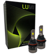 Two LUMI Stage 3 9007 LED Headlight Bulbs with advanced CSP chips and a bright 6000K color temperature are shown in front of a black Lumi box accented with green lines and the text “STAGE PREMIUM LED.”.