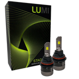 Two LUMI Stage 3 9007 LED Headlight Bulbs with advanced CSP chips and a bright 6000K color temperature are shown in front of a black Lumi box accented with green lines and the text “STAGE PREMIUM LED.”.