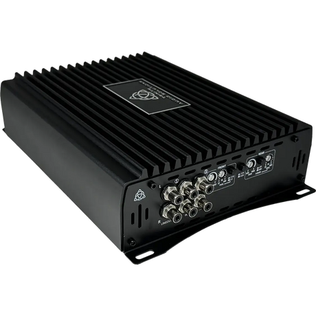 The *NEW* Trinity Audio Solutions 2250.4v2 4-Channel Amplifier by Trinity Audio Solutions is a compact, sleek black unit with ribbed sides, multiple input and output connectors, and adjustment knobs on its front panel. Positioned on a white background, this high-efficiency amplifier delivers optimal performance for any car audio setup.