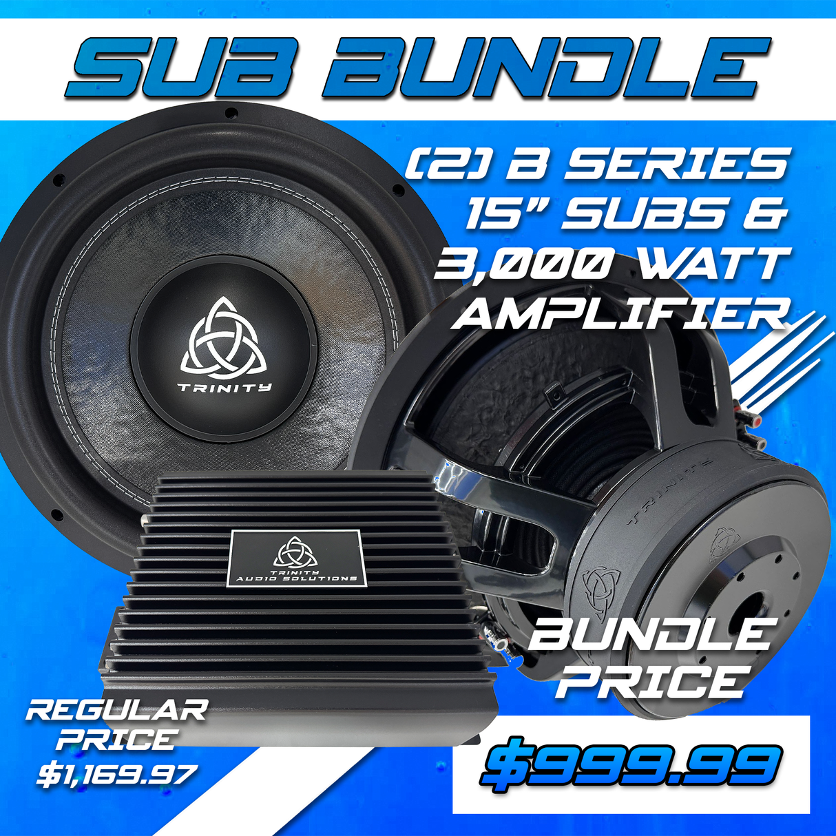 Trinity Audio Dual B Series 15" Subwoofers & LOGIQ-3K 3,000 Watt Monoblock Amplifier