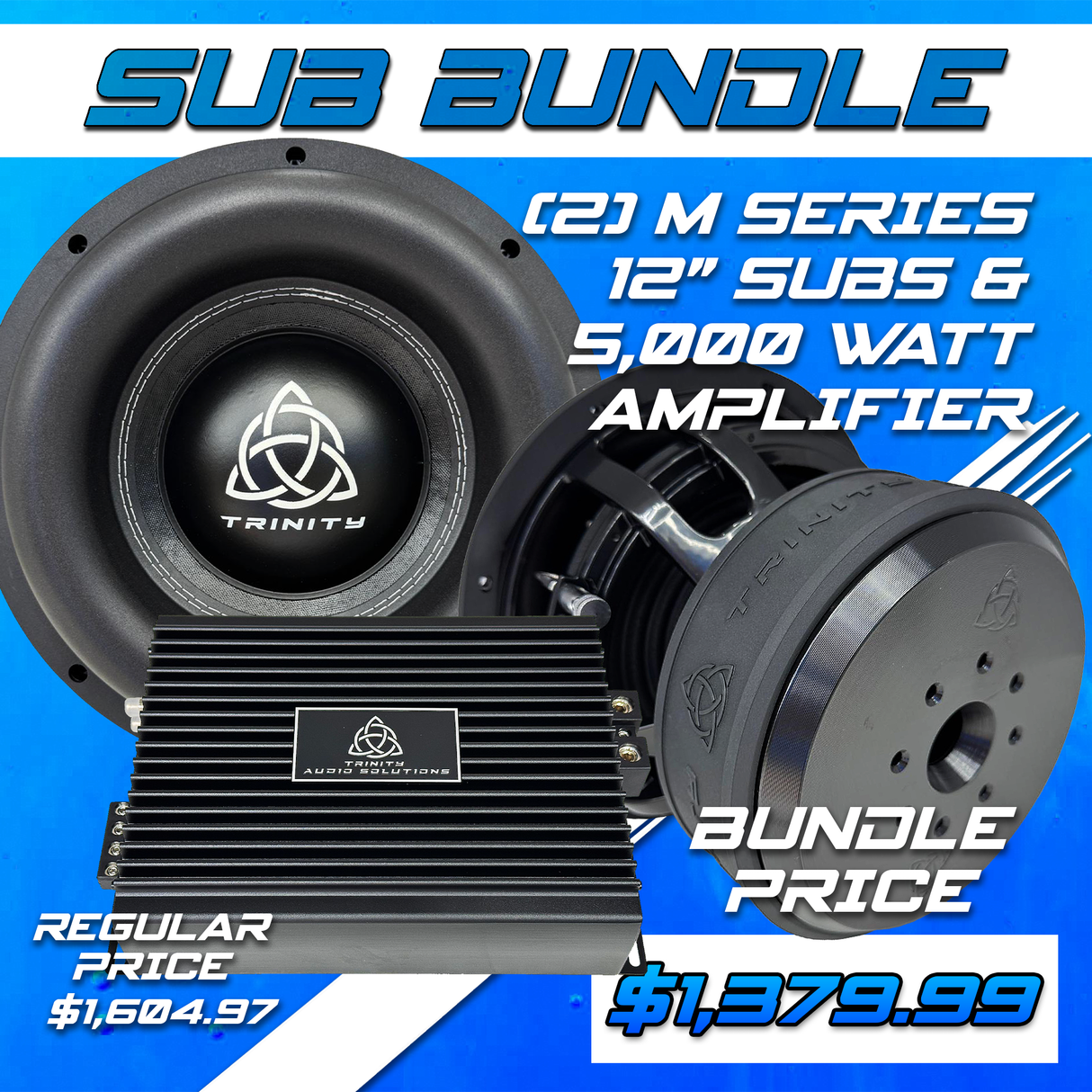 Trinity Audio Dual M Series 12" Subwoofers & 5000.1v2 5,000 Watt Monoblock Amplifier