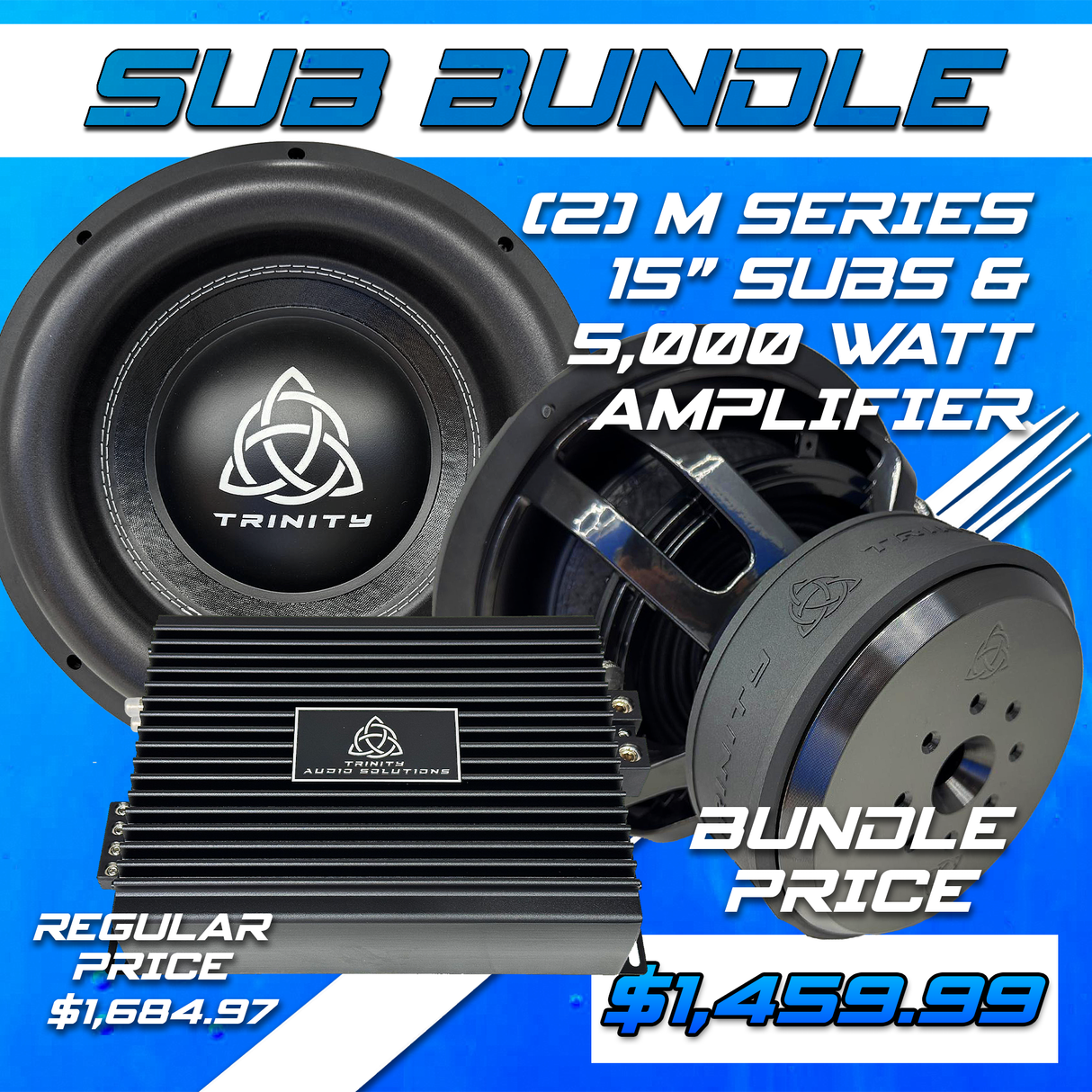Trinity Audio Dual M Series 15" Subwoofers & 5000.1v2 5,000 Watt Monoblock Amplifier