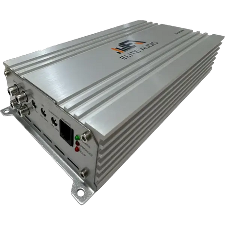 A silver Elite Audio EA3000M 1,500 Watt Monoblock Amplifier by Elite Audio is displayed on a white background. This 1-ohm stable subwoofer amplifier features a vented casing, input/output ports, control knobs, indicator lights, and a robust MOSFET power supply for reliable performance.
