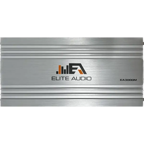 The Elite Audio EA3000M 1,500 Watt Monoblock Amplifier by Elite Audio is finished in silver with horizontal grooves and features a black, orange, and gray logo centered on the front against a plain white background. This high-performance subwoofer amplifier includes a MOSFET power supply and is engineered as a 1-ohm stable monoblock unit for delivering powerful, reliable bass.