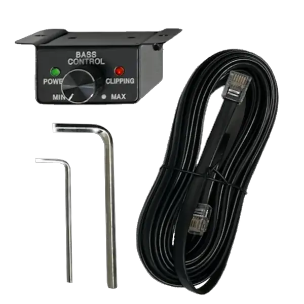 Experience precise sound customization with the Elite Audio EA4000M Bass Control Knob Module, featuring power and clipping indicator lights for seamless integration with your Elite Audio EA4000M 2,000 Watt Monoblock Amplifier. The kit includes two Allen wrenches and a coiled black cable with phone-style connectors, all presented on a plain white background—ideal for fine-tuning competition-grade audio systems equipped with advanced MOSFET power supplies from Elite Audio.