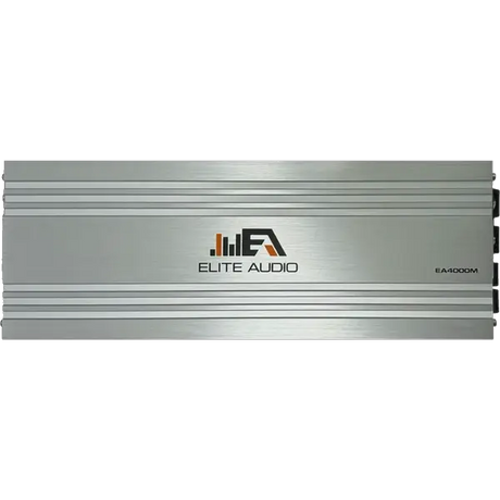 A silver Elite Audio EA4000M 2,000 Watt Monoblock Amplifier featuring horizontal lines, the Elite Audio logo, and model number displayed on the front panel, equipped with high-speed MOSFET technology for competition-grade power.