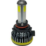 A close-up of a Lumi LUMI Stage 1 H10 LED Headlight Bulb featuring a metallic body, heat sink fins, a rubber gasket, and a connector at the base, engineered to deliver crisp 6000K white light with its powerful 40-watt LED.