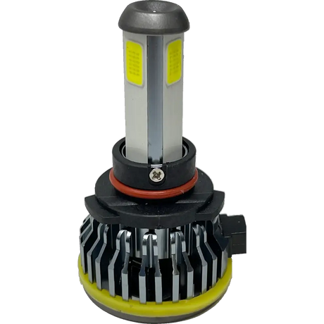 A close-up of a Lumi LUMI Stage 1 H10 LED Headlight Bulb featuring a metallic body, heat sink fins, a rubber gasket, and a connector at the base, engineered to deliver crisp 6000K white light with its powerful 40-watt LED.