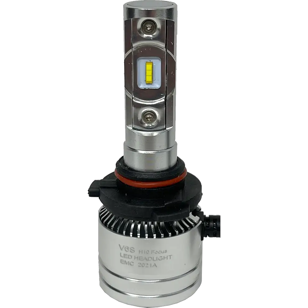 A close-up of the Lumi LUMI Stage 2 H10 LED Headlight Bulb in silver, featuring visible high-quality CSP chips, a robust heat sink, and connector base against a plain white background, highlighting the advanced engineering behind these 6000LM LED headlights.