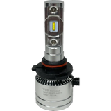 A close-up of the Lumi LUMI Stage 2 H10 LED Headlight Bulb in silver, featuring visible high-quality CSP chips, a robust heat sink, and connector base against a plain white background, highlighting the advanced engineering behind these 6000LM LED headlights.