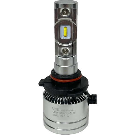 A close-up of the Lumi LUMI Stage 2 H10 LED Headlight Bulb in silver, featuring visible high-quality CSP chips, a robust heat sink, and connector base against a plain white background, highlighting the advanced engineering behind these 6000LM LED headlights.