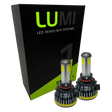 Two high-performance Lumi Stage 1 H10 LED Headlight Bulbs, each delivering a powerful 6000K light at 40 Watts, are displayed in front of a sleek black and green Lumi LED Headlight Systems box with bold text. These bulbs also feature integrated LED CANBUS technology for optimal compatibility.