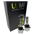 Two LUMI Stage 2 H10 LED Headlight Bulbs from Lumi, each delivering a bright 6000LM output with high-quality CSP chips, are displayed in front of a black Lumi LED Headlight Systems Stage 2 box against a white background.