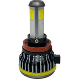 Lumi LUMI Stage 1 H11 LED headlight bulb featuring a cylindrical top with yellow LED chips on the sides, a metallic center accented with a red ring, and a black and silver heat sink base—presented against a white background. This high-performance 6000K, 40 Watt Lumi bulb delivers bright, efficient illumination for your vehicle.