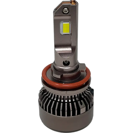 A close-up of the Lumi LUMI Stage 3 H11 LED Headlight Bulb showcases its robust metal body, integrated cooling fins at the base, and a durable rubber gasket, with two yellow CSP chips visible near the top. Engineered for optimal brightness, these 6000K bulbs deliver crisp, white illumination for safer nighttime driving.