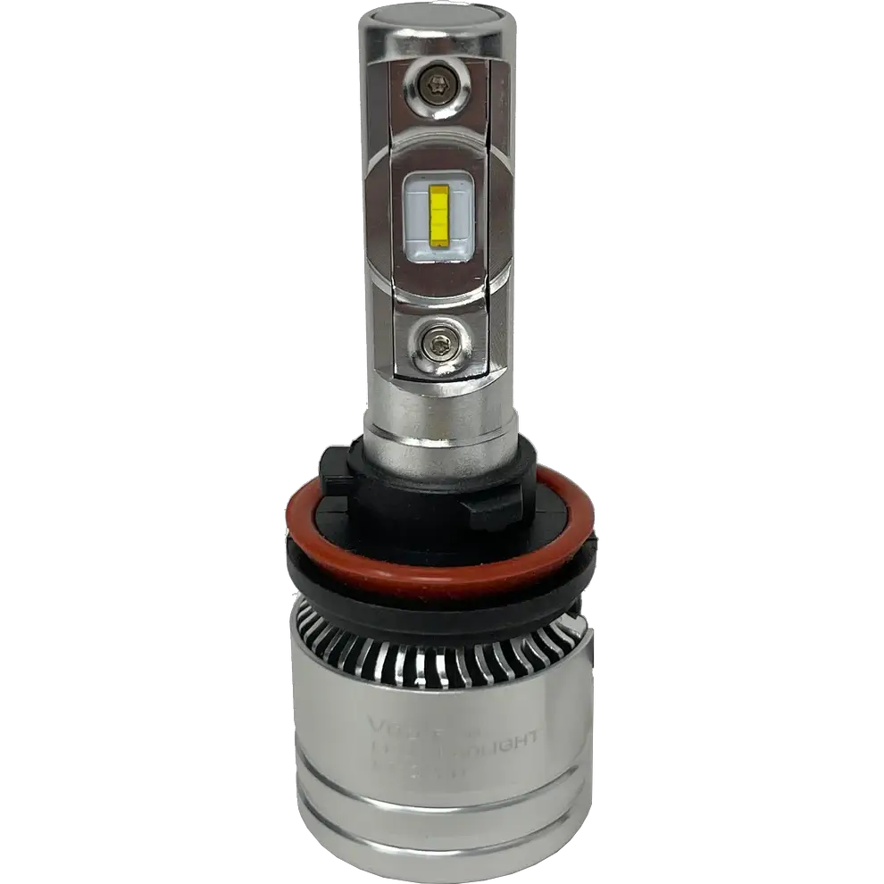 The Lumi LUMI Stage 2 H11 LED Headlight Bulb, finished in silver with advanced CSP chips and a distinctive rectangular yellow diode, features a durable metal housing and a black and red rubber gasket at the base, all displayed against a plain white background.