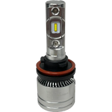 The Lumi LUMI Stage 2 H11 LED Headlight Bulb, finished in silver with advanced CSP chips and a distinctive rectangular yellow diode, features a durable metal housing and a black and red rubber gasket at the base, all displayed against a plain white background.