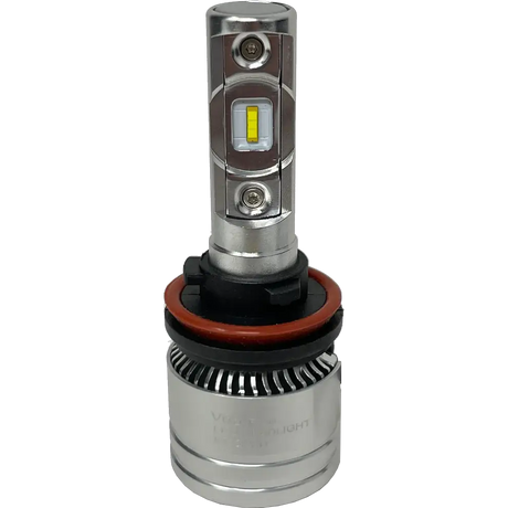 The Lumi LUMI Stage 2 H11 LED Headlight Bulb, finished in silver with advanced CSP chips and a distinctive rectangular yellow diode, features a durable metal housing and a black and red rubber gasket at the base, all displayed against a plain white background.