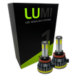 Two LUMI Stage 1 H11 LED Headlight Bulbs by Lumi, each delivering 40 watts of power with a sharp 6000K color temperature and advanced LED CANBUS compatibility, are displayed in front of a black and green box labeled “LUMI LED Headlight Systems.”.